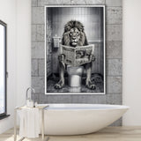Lion Print Framed Canvas Prints Wall Art, Funny Bathroom Decor, Lion In Toilet