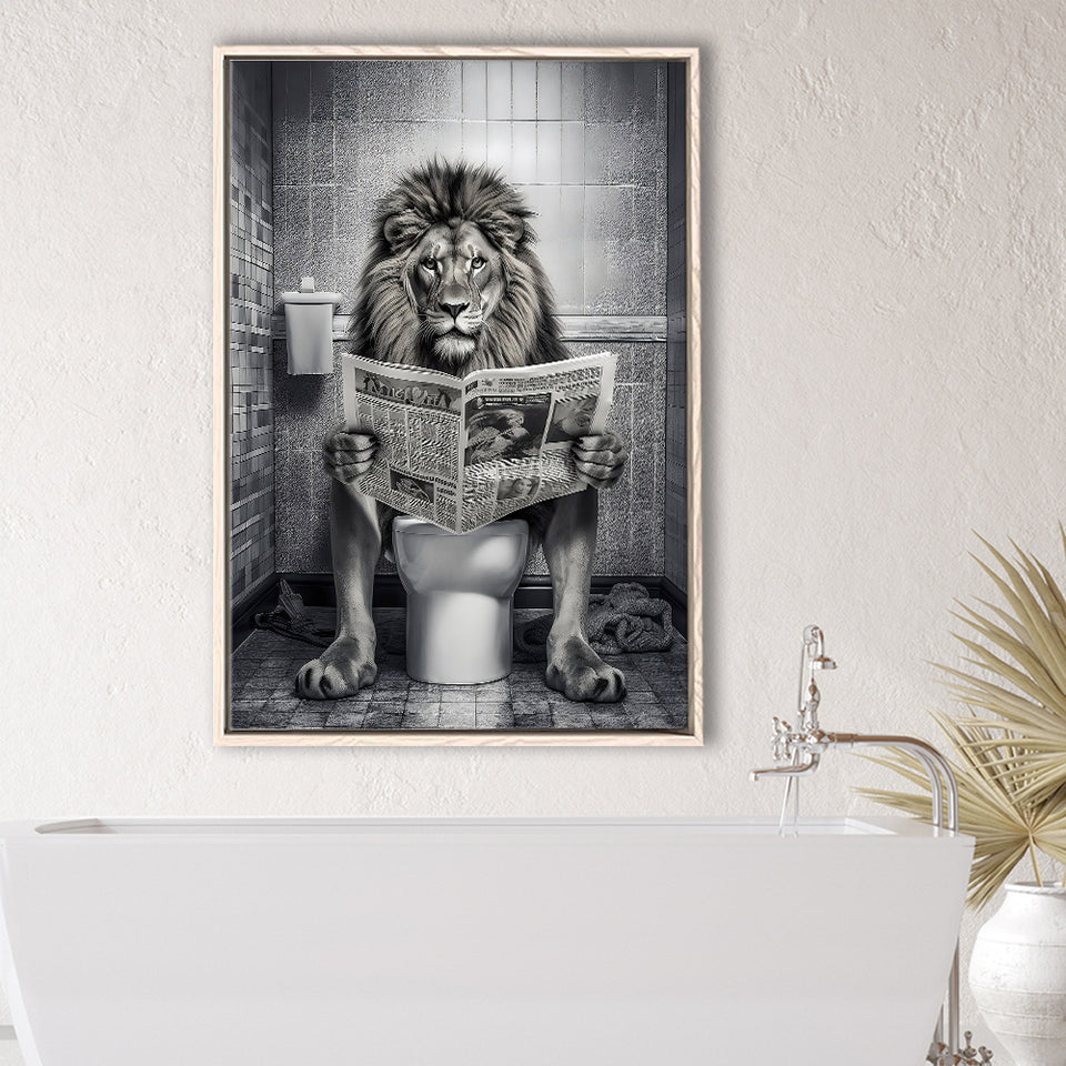 Lion Print Framed Canvas Prints Wall Art, Funny Bathroom Decor, Lion In Toilet