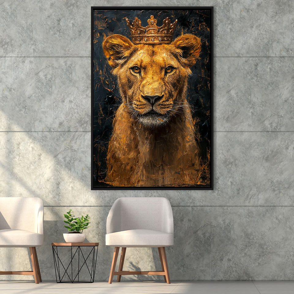 Lioness Queen With Golden Crown Black Golden Feminis, Framed Canvas Prints Wall Art Decor, Floating Frame