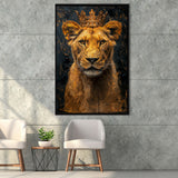 Lioness Queen With Golden Crown Black Golden Feminis, Framed Canvas Prints Wall Art Decor, Floating Frame