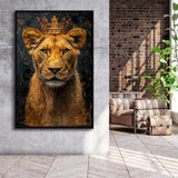 Lioness Queen With Golden Crown Black Golden Feminis, Framed Canvas Prints Wall Art Decor, Floating Frame