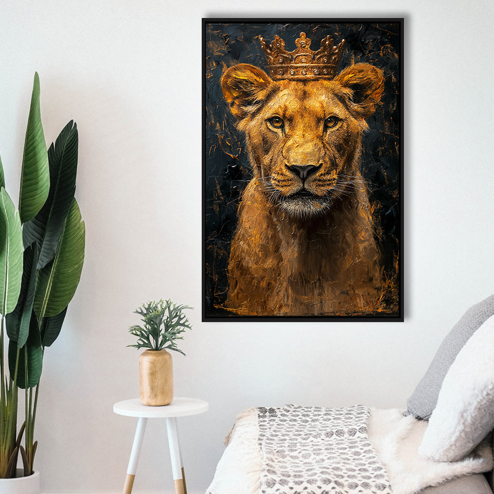 Lioness Queen With Golden Crown Black Golden Feminis, Framed Canvas Prints Wall Art Decor, Floating Frame