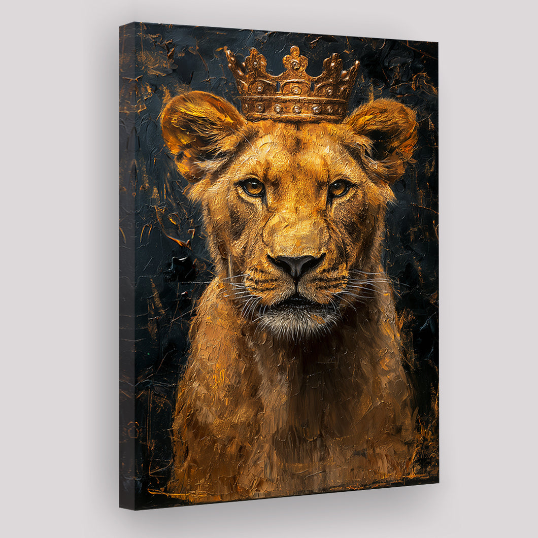 Lioness Queen With Golden Crown Black Golden Feminis, Canvas Prints Wall Art Decor, Painting Canvas