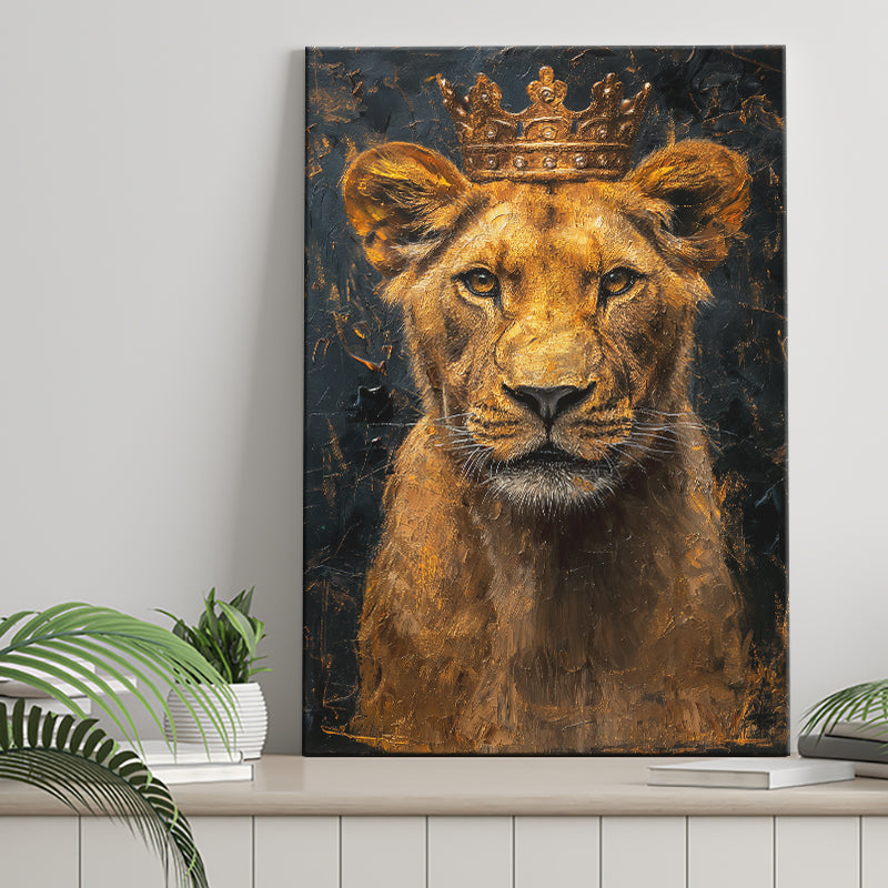 Lioness Queen With Golden Crown Black Golden Feminis, Canvas Prints Wall Art Decor, Painting Canvas