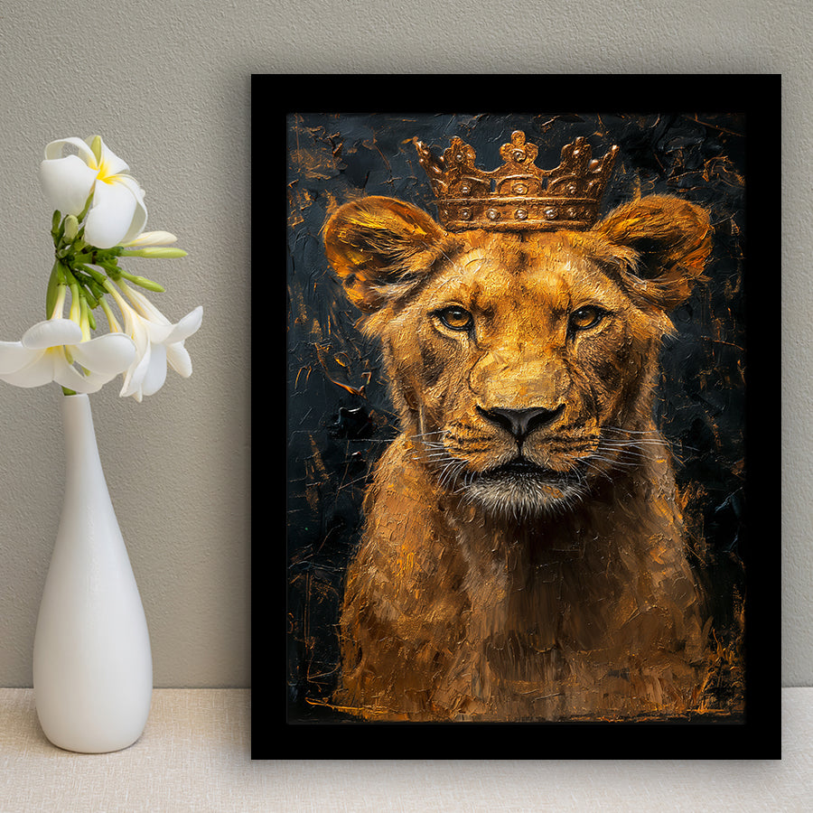 Lioness Queen With Golden Crown Black Golden Feminis, Framed Art Prints Wall Art Decor, Framed Picture Print