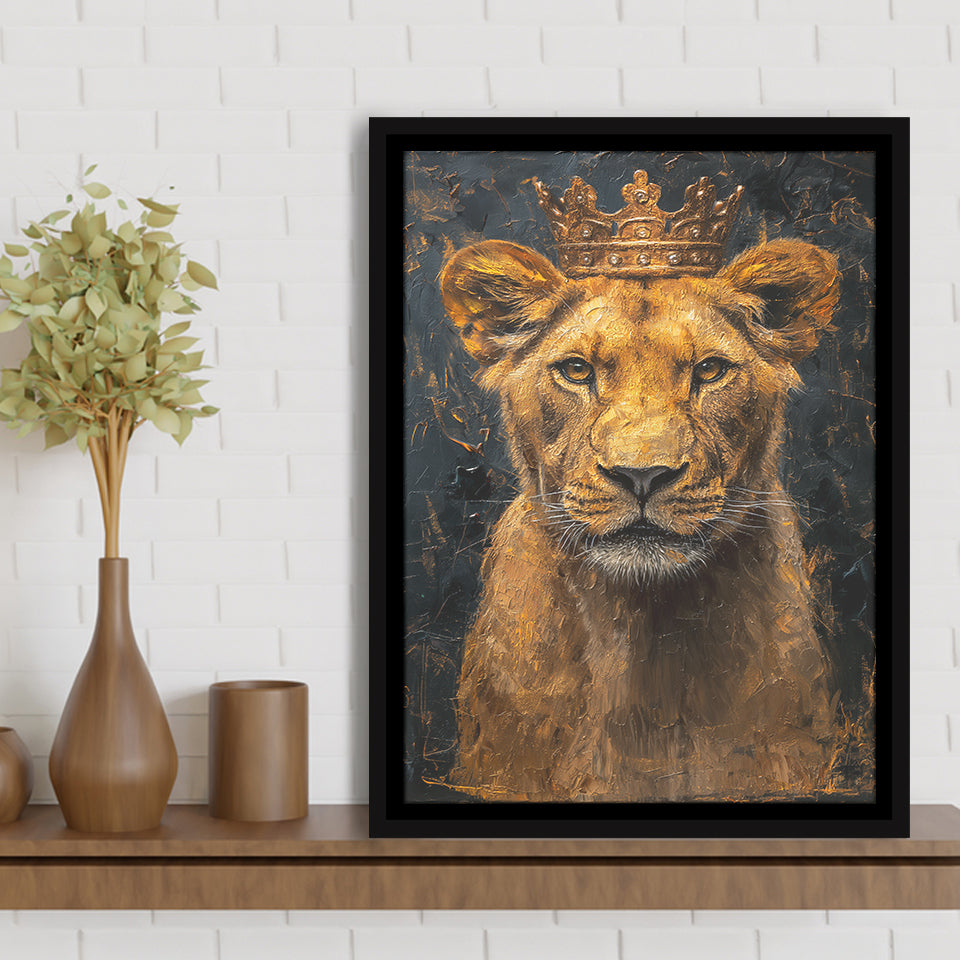 Lioness Queen With Golden Crown Black Golden Feminis, Framed Canvas Prints Wall Art Decor, Floating Frame