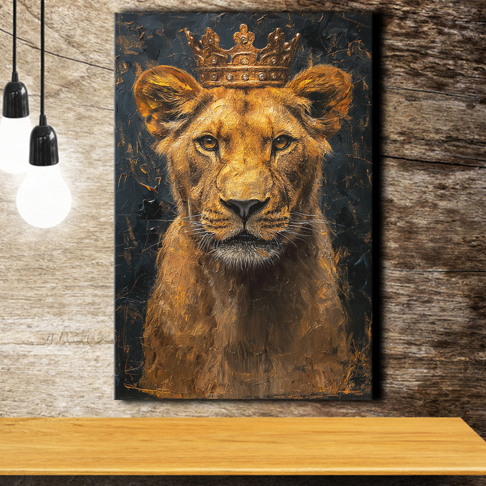 Lioness Queen With Golden Crown Black Golden Feminis, Canvas Prints Wall Art Decor, Painting Canvas