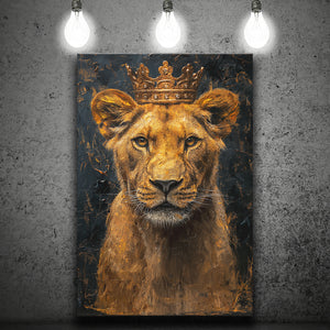 Lioness Queen With Golden Crown Black Golden Feminis, Canvas Prints Wall Art Decor, Painting Canvas