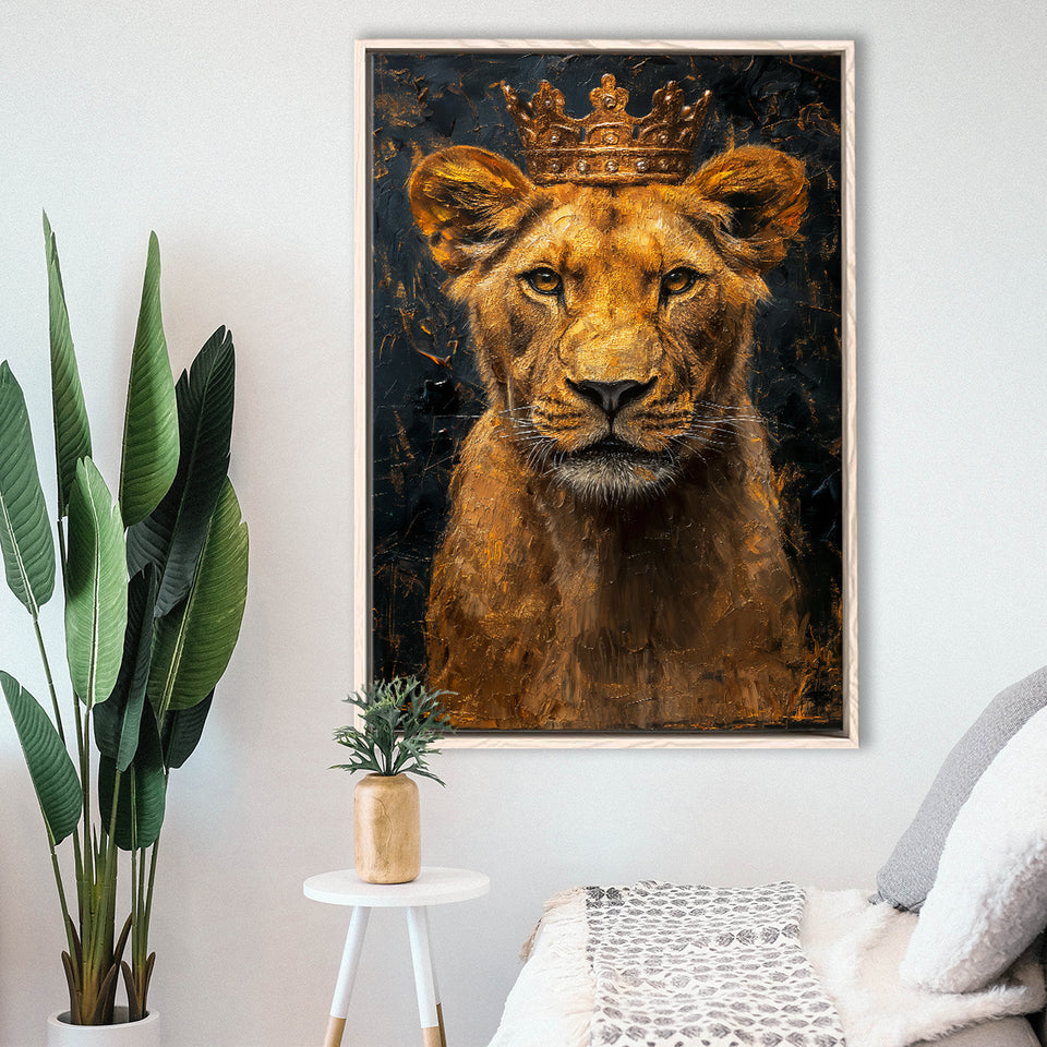 Lioness Queen With Golden Crown Black Golden Feminis, Framed Canvas Prints Wall Art Decor, Floating Frame
