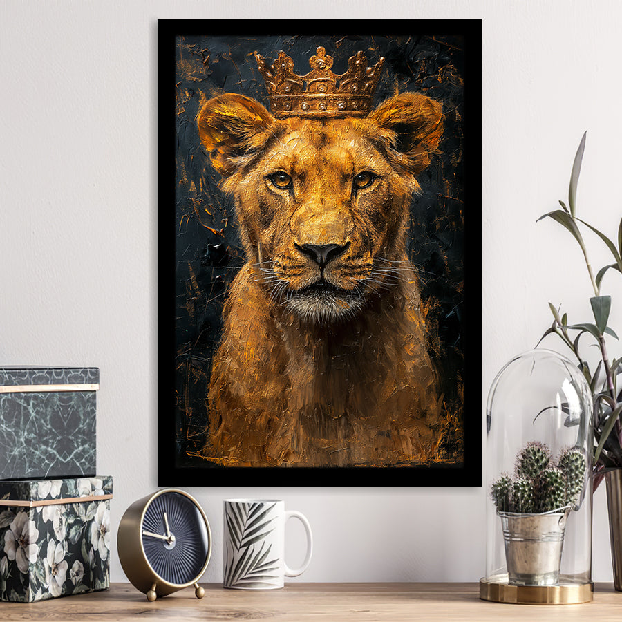Lioness Queen With Golden Crown Black Golden Feminis, Framed Art Prints Wall Art Decor, Framed Picture Print