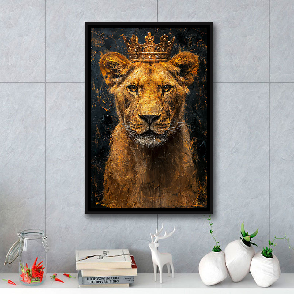 Lioness Queen With Golden Crown Black Golden Feminis, Framed Canvas Prints Wall Art Decor, Floating Frame