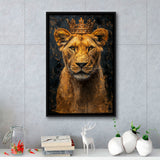Lioness Queen With Golden Crown Black Golden Feminis, Framed Canvas Prints Wall Art Decor, Floating Frame