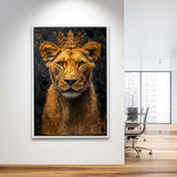 Lioness Queen With Golden Crown Black Golden Feminis, Framed Canvas Prints Wall Art Decor, Floating Frame