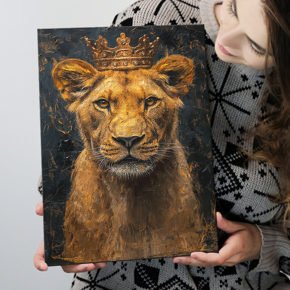 Lioness Queen With Golden Crown Black Golden Feminis, Canvas Prints Wall Art Decor, Painting Canvas