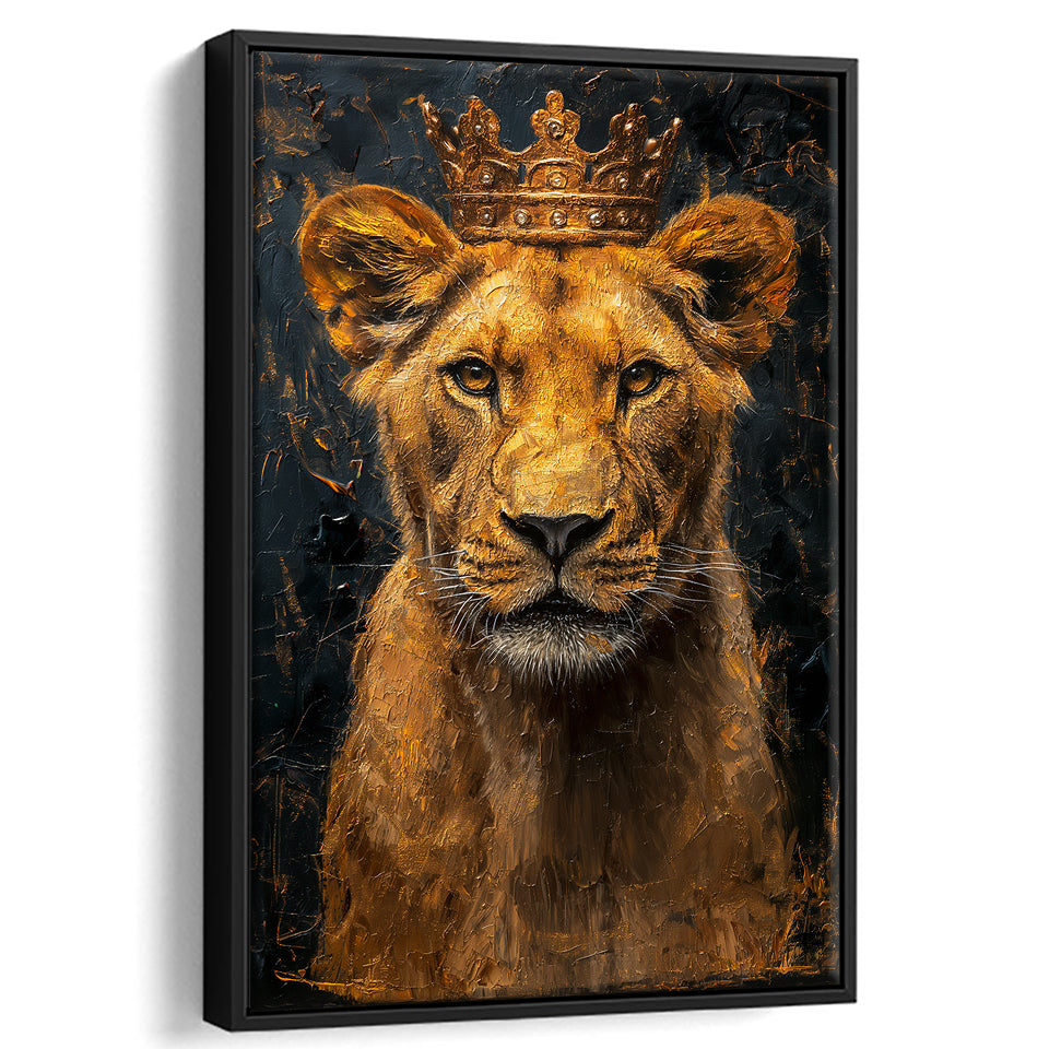 Lioness Queen With Golden Crown Black Golden Feminis, Framed Canvas Prints Wall Art Decor, Floating Frame