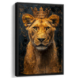 Lioness Queen With Golden Crown Black Golden Feminis, Framed Canvas Prints Wall Art Decor, Floating Frame