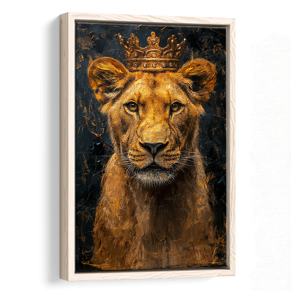 Lioness Queen With Golden Crown Black Golden Feminis, Framed Canvas Prints Wall Art Decor, Floating Frame
