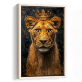 Lioness Queen With Golden Crown Black Golden Feminis, Framed Canvas Prints Wall Art Decor, Floating Frame