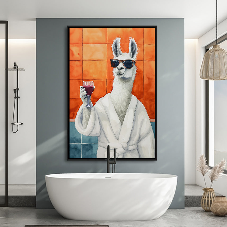Llama Holding The Cup Of Red Winein Bathroom Decor Framed Canvas Prints Wall Art, Bathroom Framed Art Decor