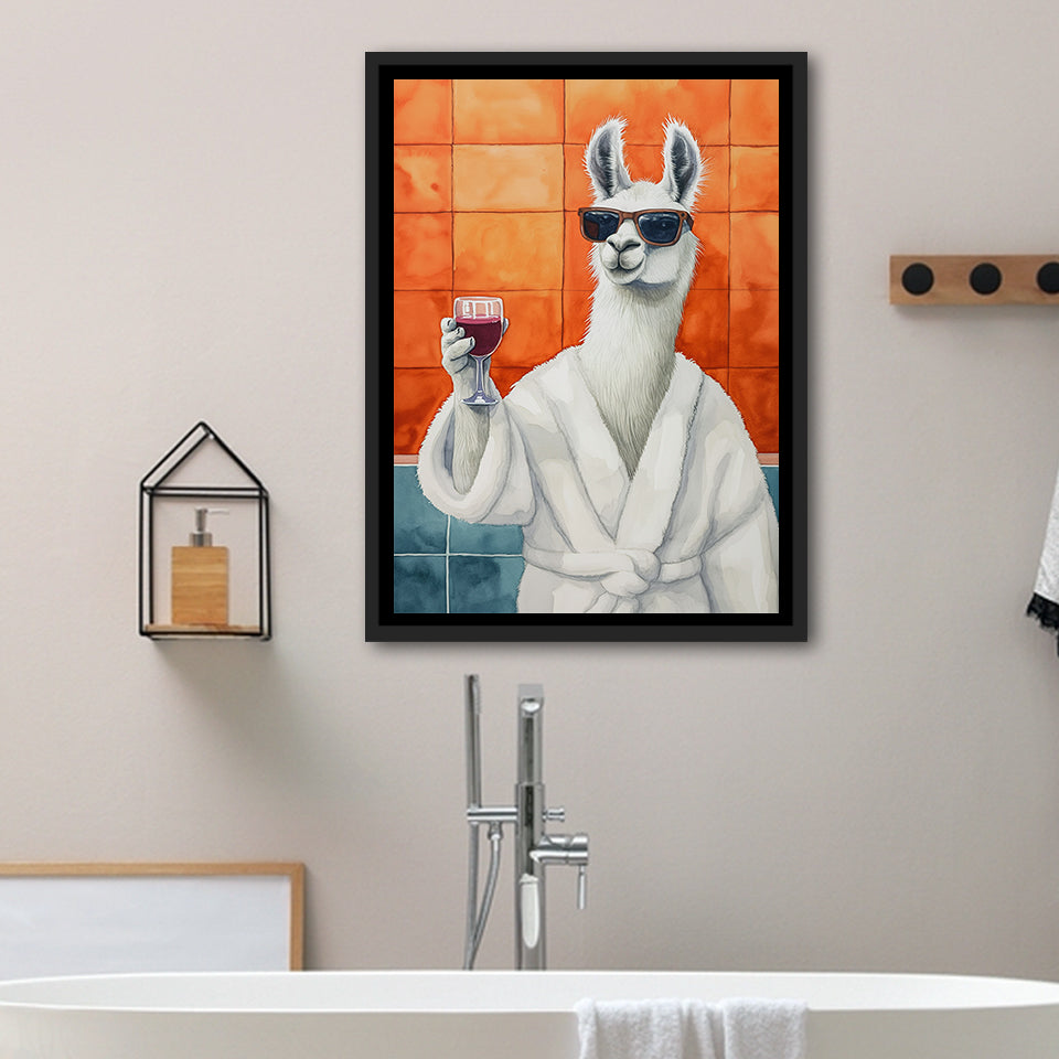 Llama Holding The Cup Of Red Winein Bathroom Decor Framed Canvas Prints Wall Art, Bathroom Framed Art Decor