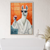 Llama Holding The Cup Of Red Winein Bathroom Decor Framed Canvas Prints Wall Art, Bathroom Framed Art Decor