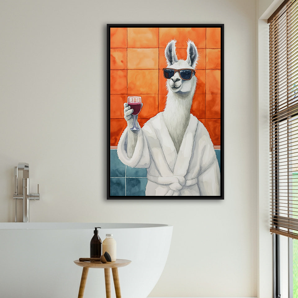 Llama Holding The Cup Of Red Winein Bathroom Decor Framed Canvas Prints Wall Art, Bathroom Framed Art Decor
