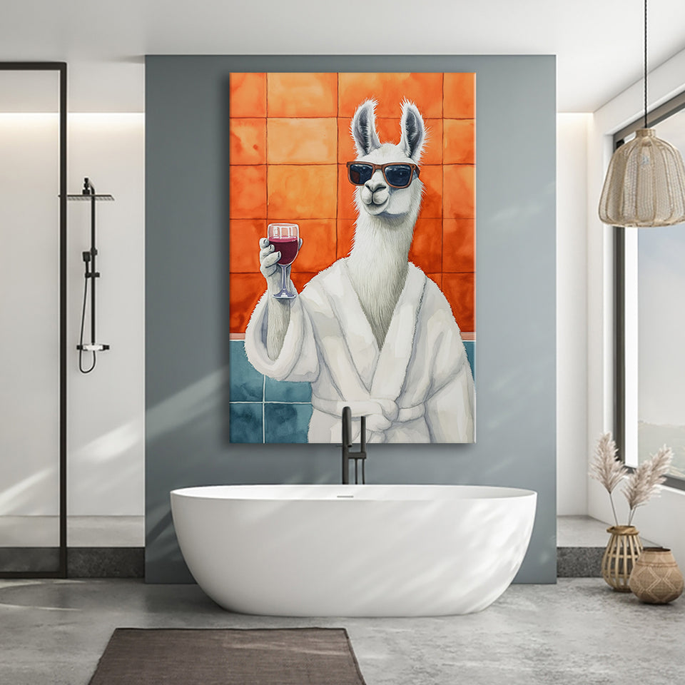 Llama Holding The Cup Of Red Winein Bathroom Decor Canvas Prints Wall Art, Bathroom Art Decor,