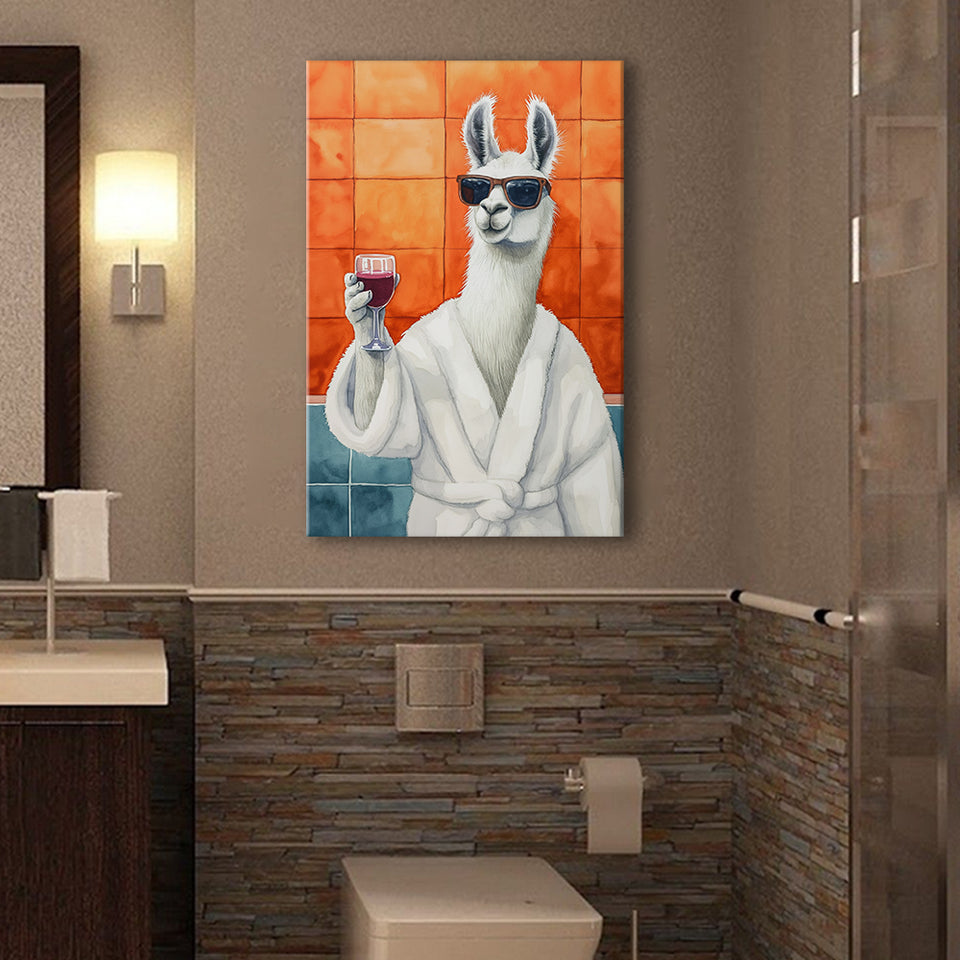 Llama Holding The Cup Of Red Winein Bathroom Decor Canvas Prints Wall Art, Bathroom Art Decor,