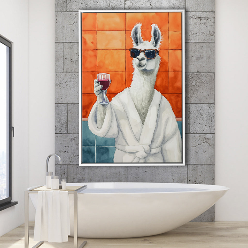 Llama Holding The Cup Of Red Winein Bathroom Decor Framed Canvas Prints Wall Art, Bathroom Framed Art Decor
