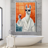 Llama Holding The Cup Of Red Winein Bathroom Decor Framed Canvas Prints Wall Art, Bathroom Framed Art Decor