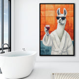Llama Holding The Cup Of Red Winein Bathroom Decor Framed Art Print Wall Decor, Bathroom Framed Art Decor