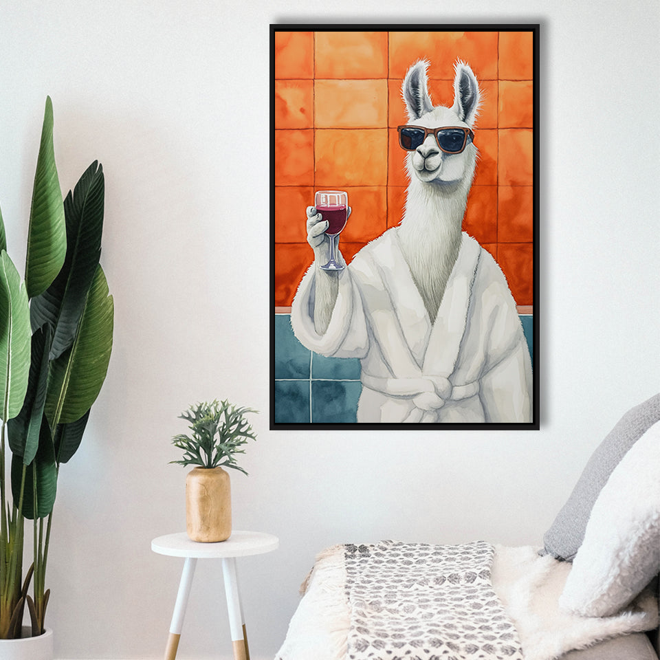 Llama Holding The Cup Of Red Winein Bathroom Decor Framed Canvas Prints Wall Art, Bathroom Framed Art Decor