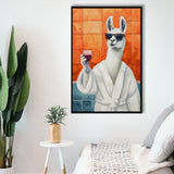 Llama Holding The Cup Of Red Winein Bathroom Decor Framed Canvas Prints Wall Art, Bathroom Framed Art Decor