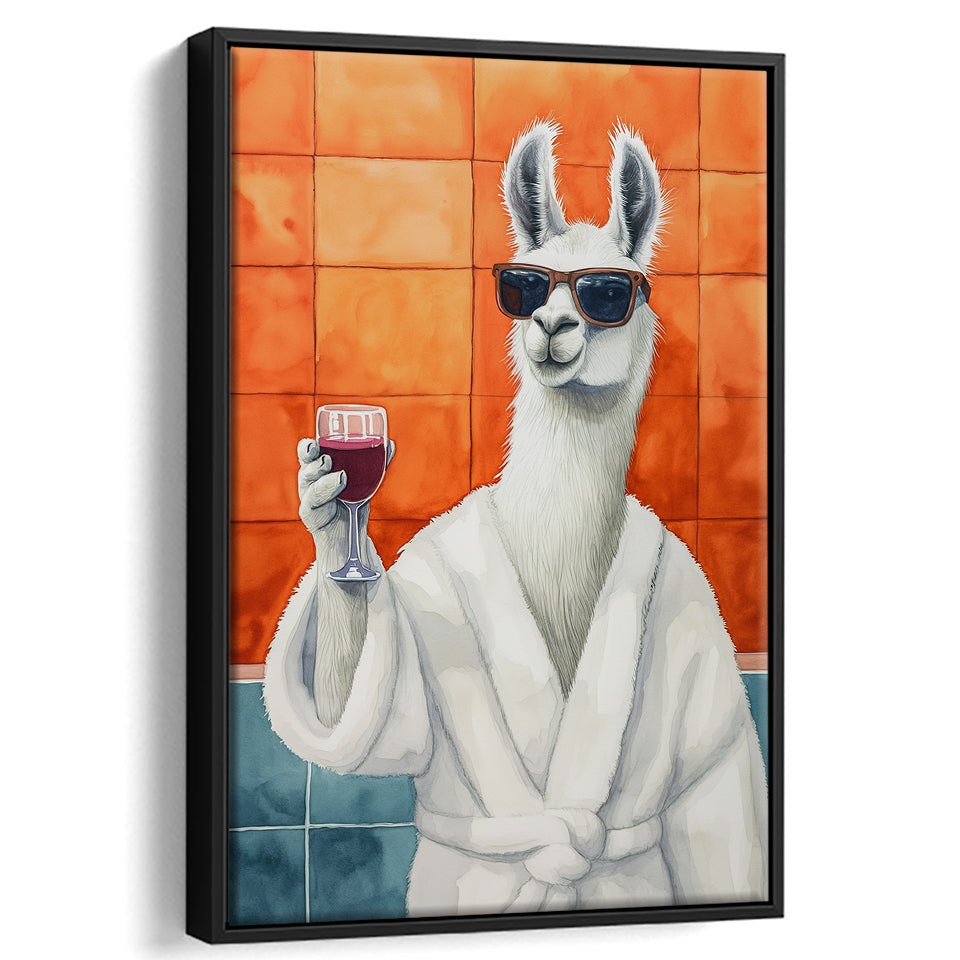 Llama Holding The Cup Of Red Winein Bathroom Decor Framed Canvas Prints Wall Art, Bathroom Framed Art Decor