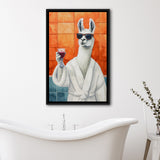 Llama Holding The Cup Of Red Winein Bathroom Decor Framed Canvas Prints Wall Art, Bathroom Framed Art Decor