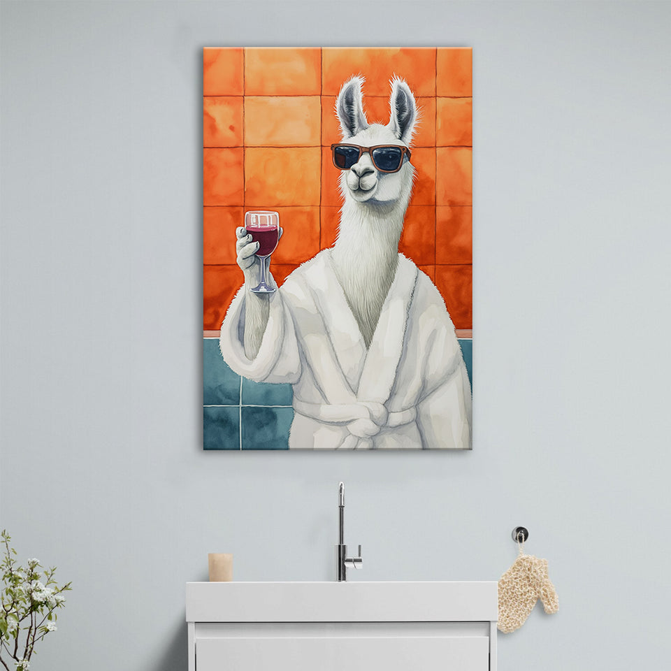Llama Holding The Cup Of Red Winein Bathroom Decor Canvas Prints Wall Art, Bathroom Art Decor,