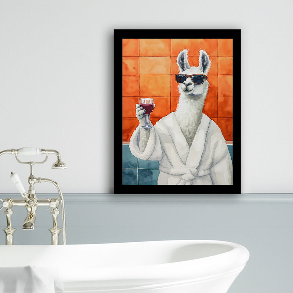 Llama Holding The Cup Of Red Winein Bathroom Decor Framed Art Print Wall Decor, Bathroom Framed Art Decor