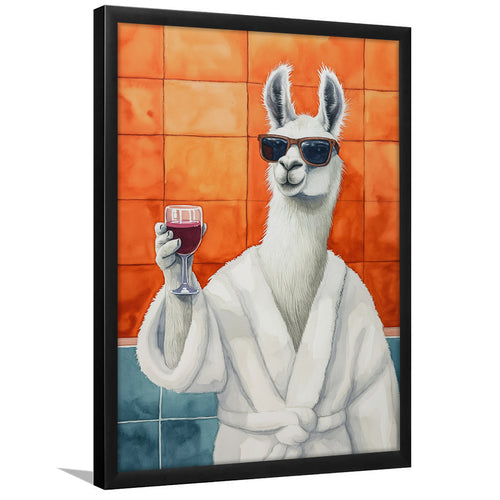 Llama Holding The Cup Of Red Winein Bathroom Decor Framed Art Print Wall Decor, Bathroom Framed Art Decor