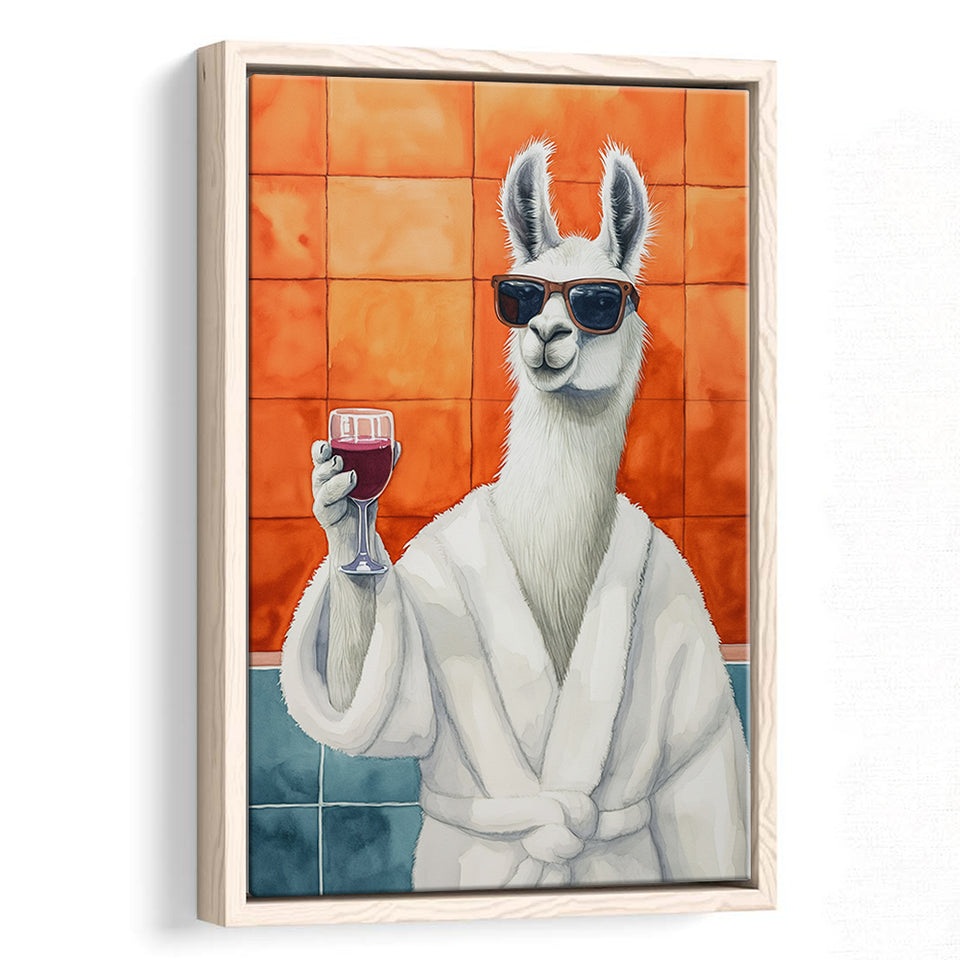 Llama Holding The Cup Of Red Winein Bathroom Decor Framed Canvas Prints Wall Art, Bathroom Framed Art Decor
