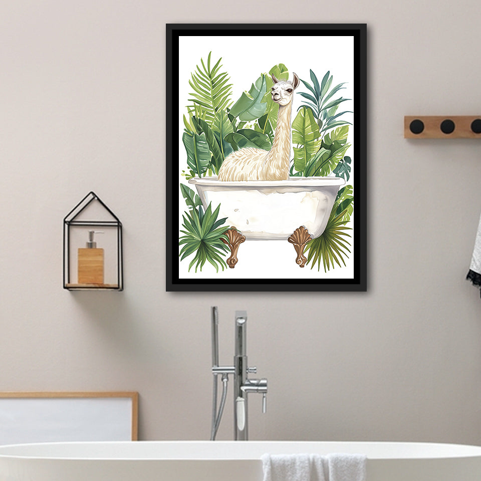Llama In Bathtub Bathroom Decor Tropical Leave Framed Canvas Prints Wall Art, Bathroom Framed Art Decor