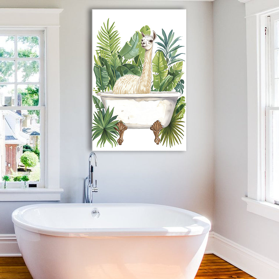 Llama In Bathtub Bathroom Decor Tropical Leave Canvas Prints Wall Art, Bathroom Art Decor100,
