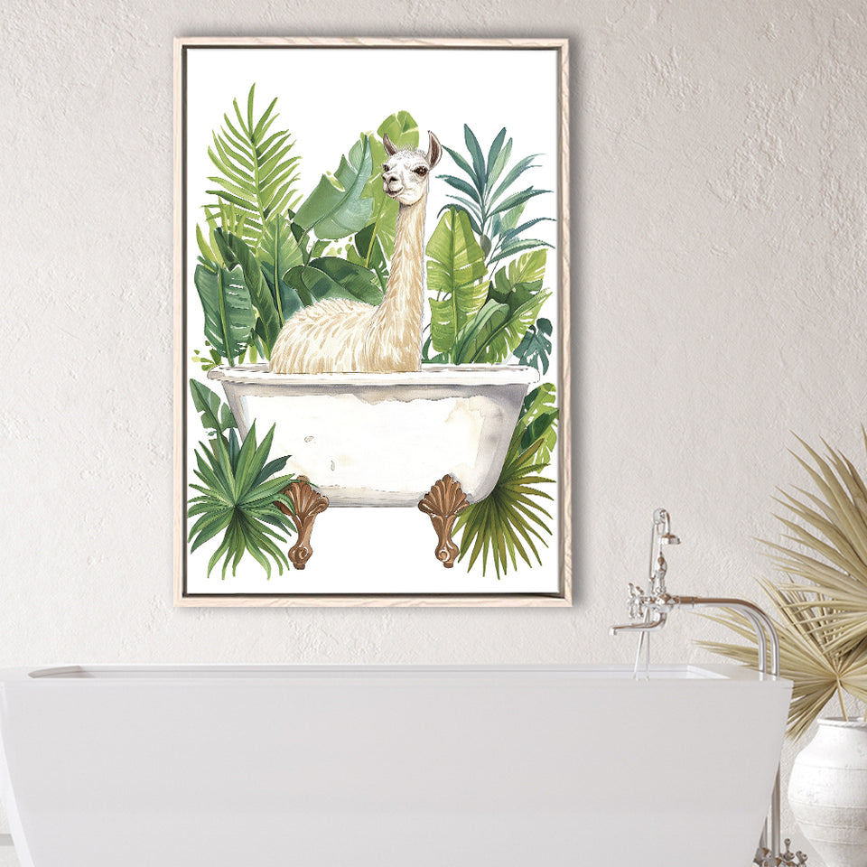 Llama In Bathtub Bathroom Decor Tropical Leave Framed Canvas Prints Wall Art, Bathroom Framed Art Decor