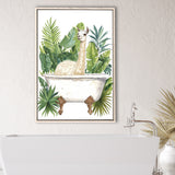 Llama In Bathtub Bathroom Decor Tropical Leave Framed Canvas Prints Wall Art, Bathroom Framed Art Decor