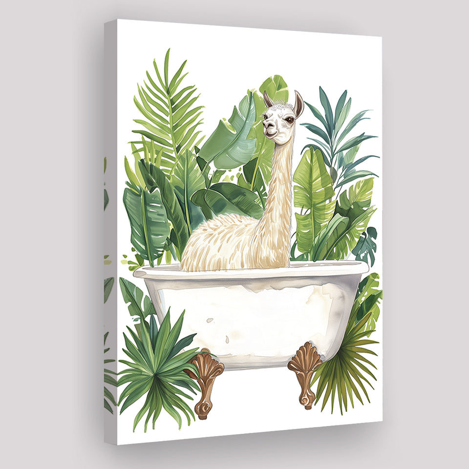 Llama In Bathtub Bathroom Decor Tropical Leave Canvas Prints Wall Art, Bathroom Art Decor100,