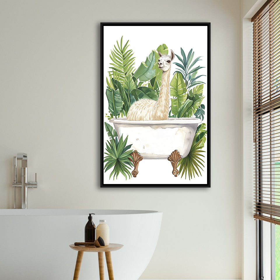 Llama In Bathtub Bathroom Decor Tropical Leave Framed Canvas Prints Wall Art, Bathroom Framed Art Decor