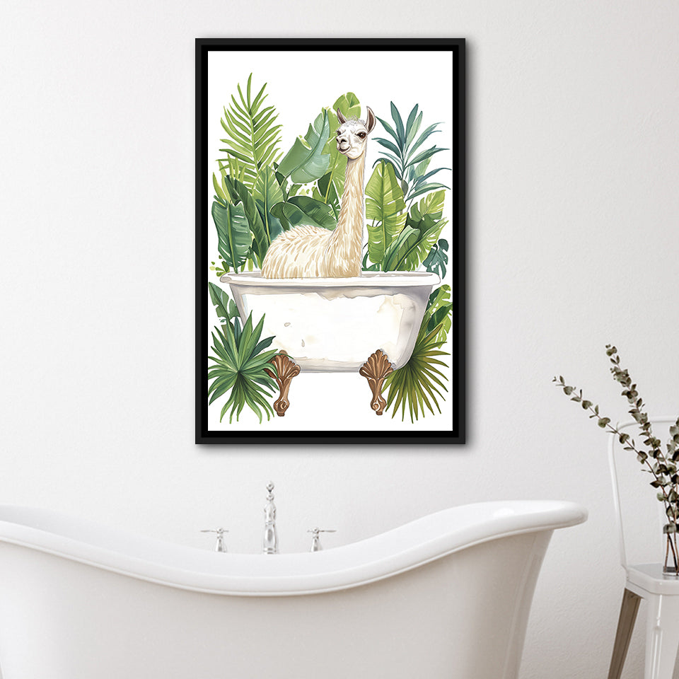 Llama In Bathtub Bathroom Decor Tropical Leave Framed Canvas Prints Wall Art, Bathroom Framed Art Decor