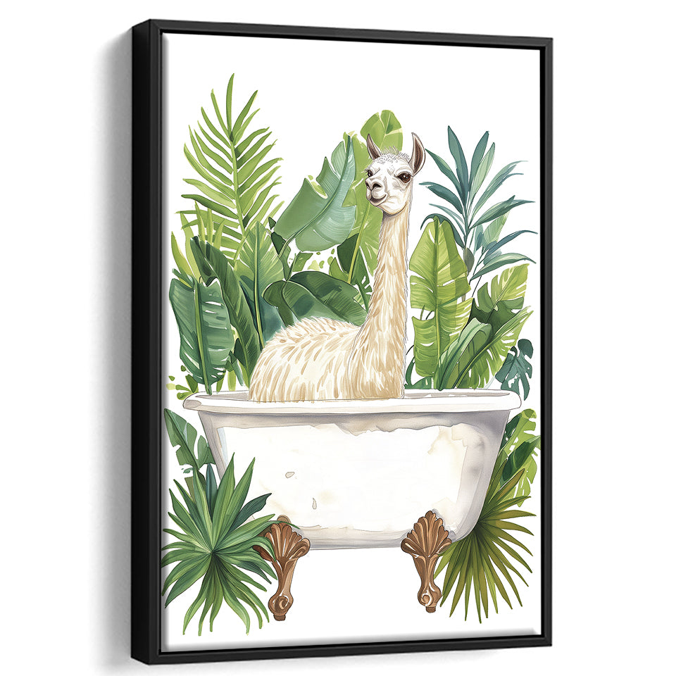 Llama In Bathtub Bathroom Decor Tropical Leave Framed Canvas Prints Wall Art, Bathroom Framed Art Decor