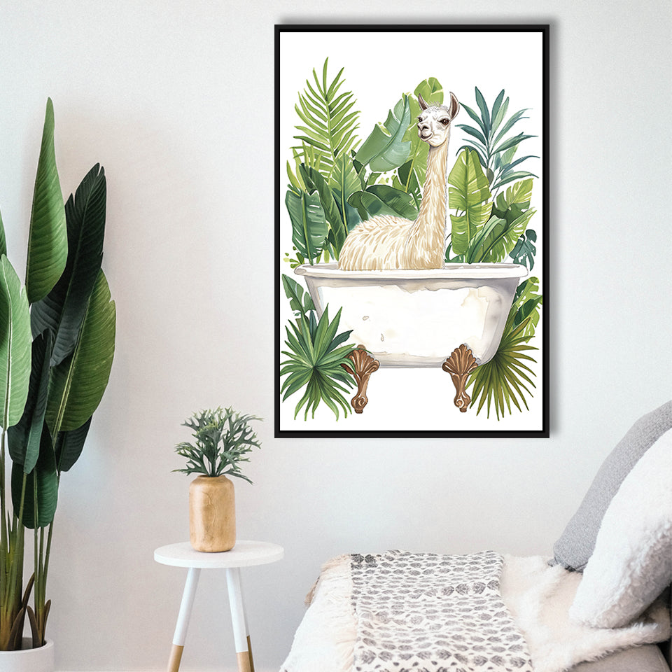 Llama In Bathtub Bathroom Decor Tropical Leave Framed Canvas Prints Wall Art, Bathroom Framed Art Decor