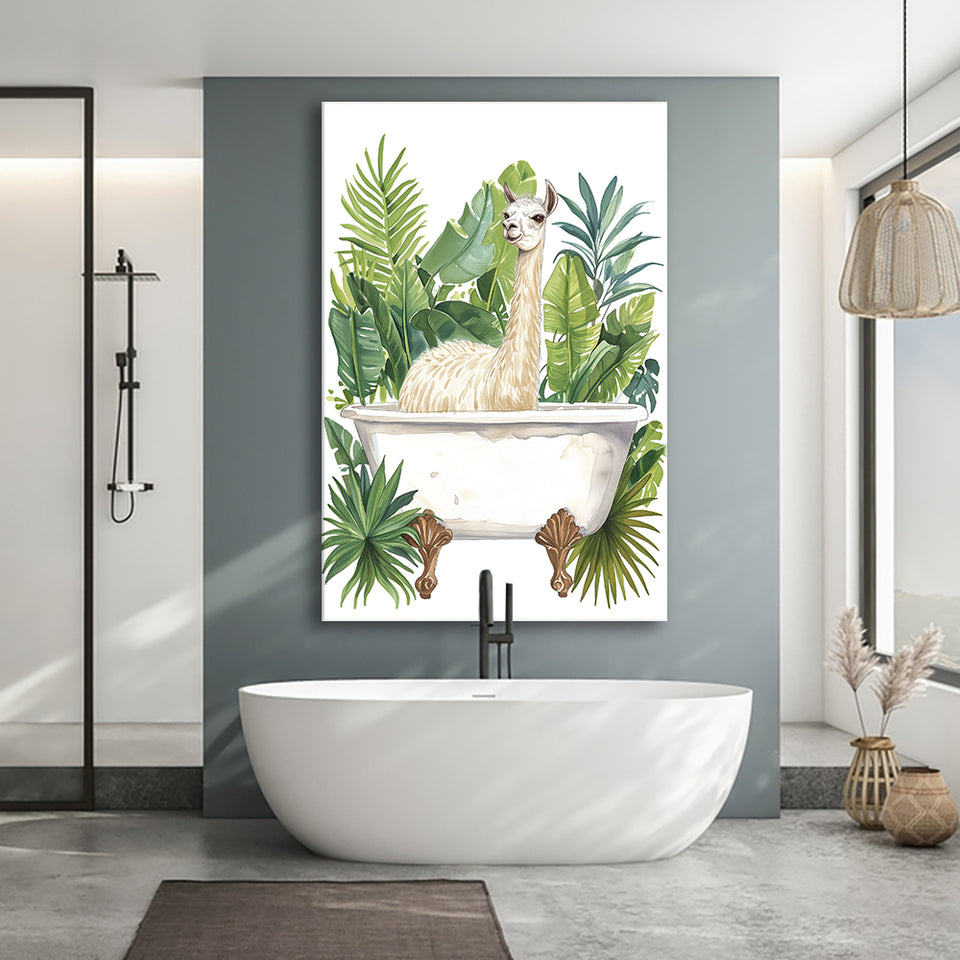 Llama In Bathtub Bathroom Decor Tropical Leave Canvas Prints Wall Art, Bathroom Art Decor100,