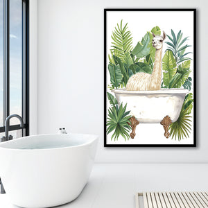Llama In Bathtub Bathroom Decor Tropical Leave Framed Art Print Wall Decor, Bathroom Framed Art Decor